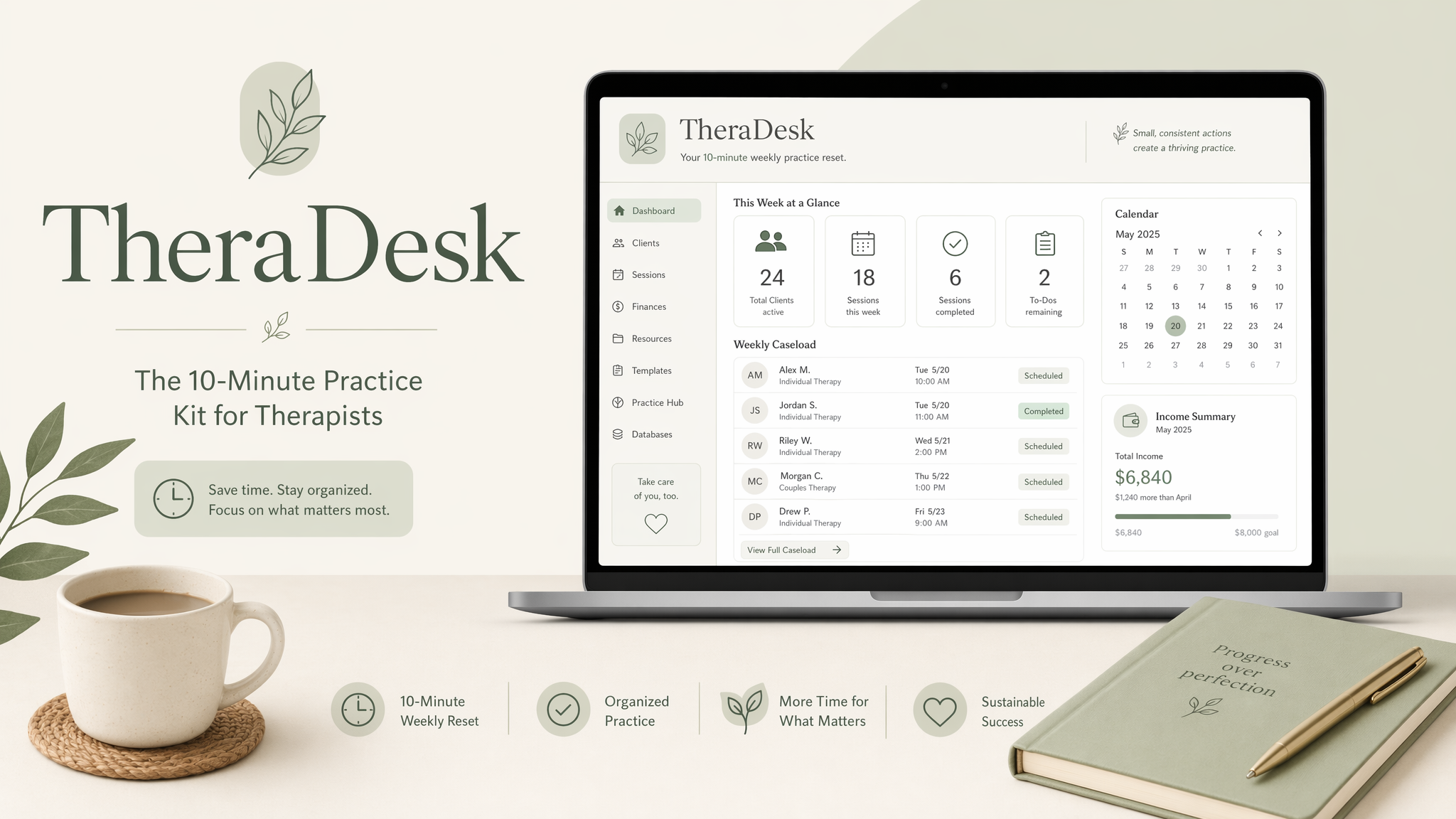 TheraDesk practice dashboard shown in Notion on a laptop