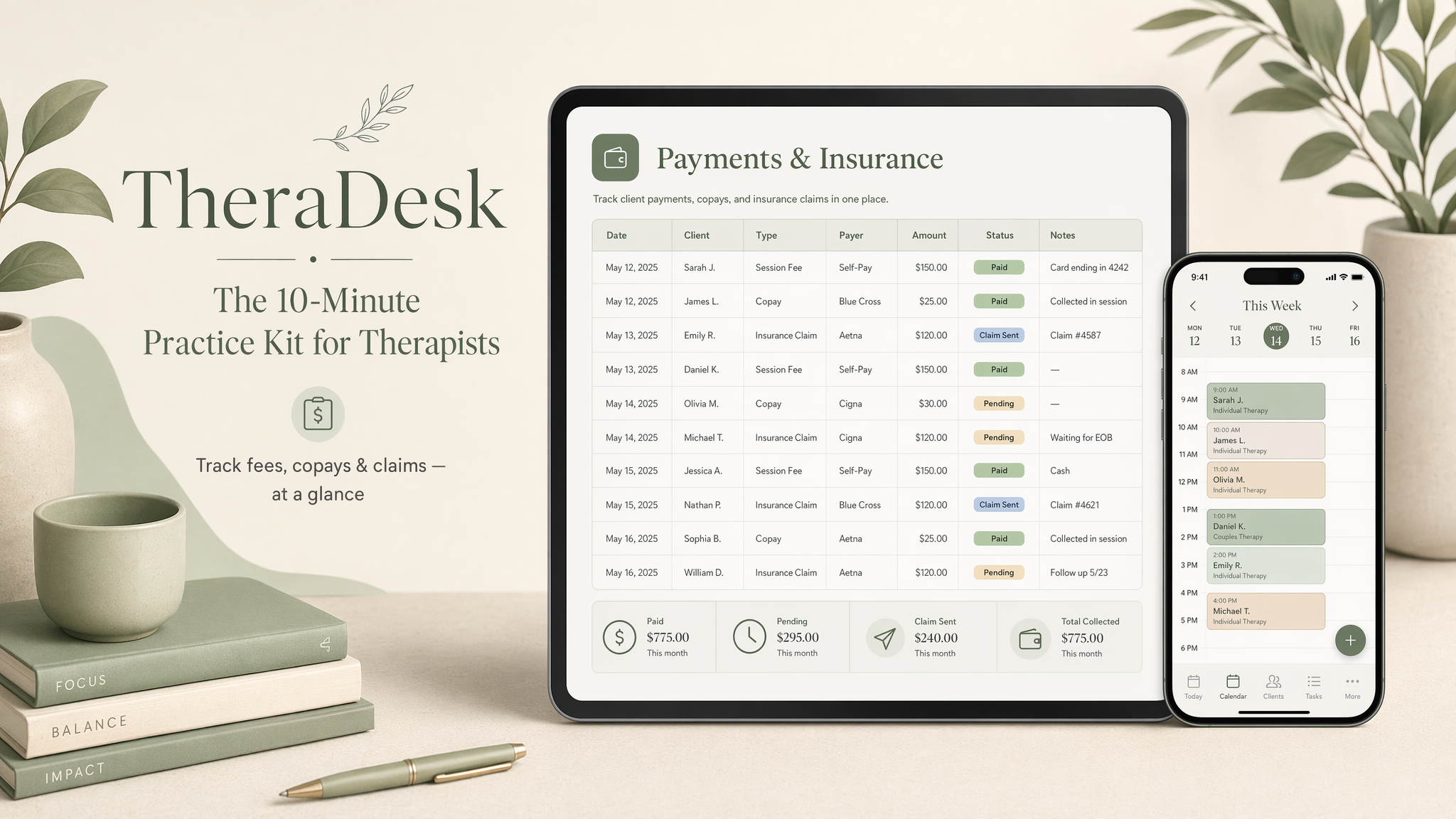 TheraDesk payments and insurance tracker in Notion showing copay status, claim tracking, and superbill fields