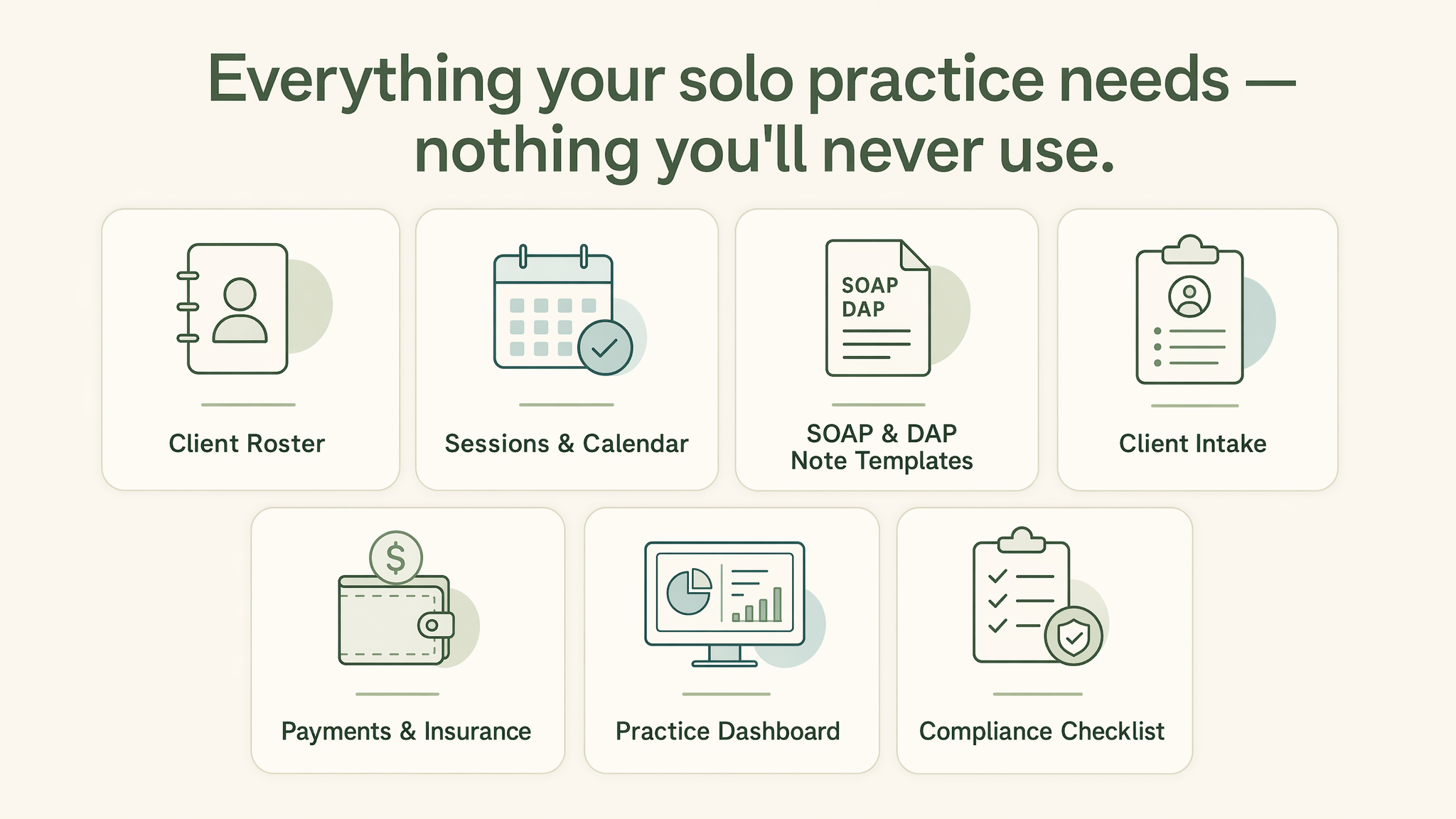 All seven TheraDesk components shown in Notion: client roster, sessions and scheduling, SOAP/DAP note templates, intake and consent tracking, payments and insurance tracker, practice dashboard, and setup guide